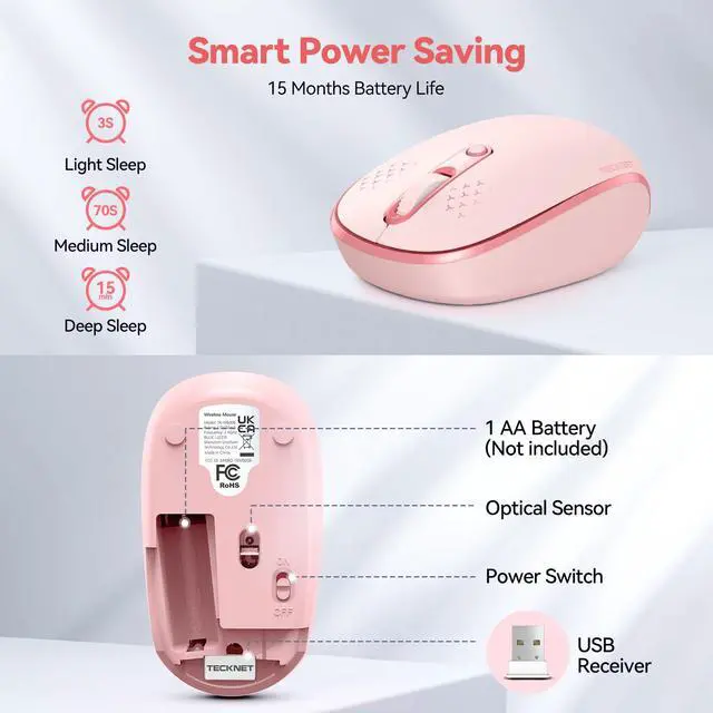 Alt view image 6 of 7 - TECKNET Wireless Mouse, 2.4G Quiet Computer Mouse with USB Receiver, 4 Buttons Portable Cordless Mice for Chromebook, Laptop, PC, Mac, 800/1200/1600 DPI - Pink