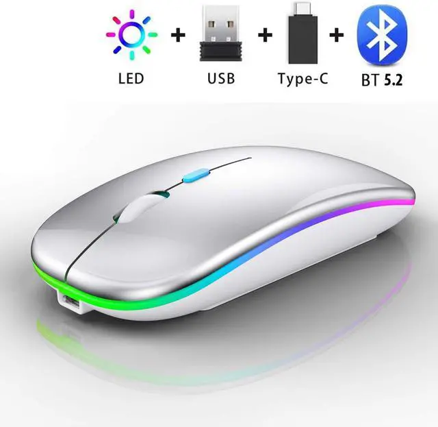 Alt view image 2 of 7 - Qullqian Wireless Bluetooth Mouse for MacBook Air/Mac/Pro/Laptop/Computer/PC,Rechargeable Dual Mode Switch Mouse Bluetooth 5.2/3.0 and 2.4GHz USB Receiver (Silver)