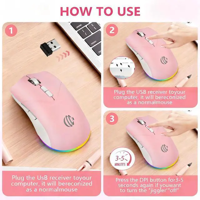 Alt view image 3 of 7 - AooKoNi Wireless Bluetooth Mouse, Rechargeable USB Optical Mouse, 3 Adjustable DPI, LED Silent Dual Mode(Bluetooth 5.2 and 2.4G) Wireless Mouse for Mac, Laptop, PC, Android, Windows (Pink)