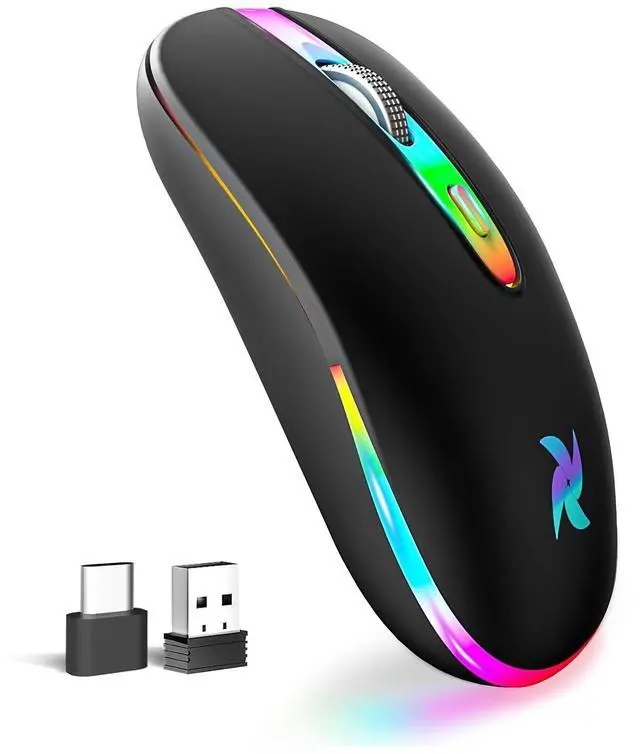 Main image of HZD LED Wireless Mouse, Slim Silent Rechargeable Mouse for Laptop, 2.4G Portable USB Optical Mouse with Type C Adapter, 3 Adjustable DPI Levels 1600/1200/800 for Tablet/Computer Black