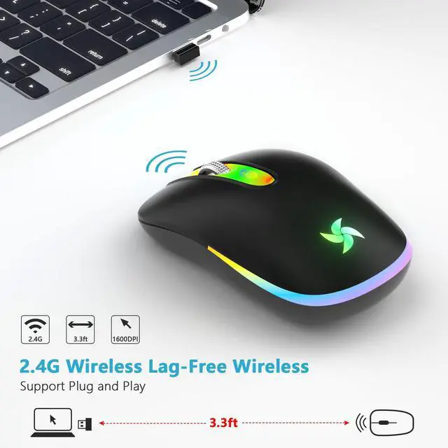Alt view image 3 of 7 - HZD LED Wireless Mouse, Slim Silent Rechargeable Mouse for Laptop, 2.4G Portable USB Optical Mouse with Type C Adapter, 3 Adjustable DPI Levels 1600/1200/800 for Tablet/Computer Black