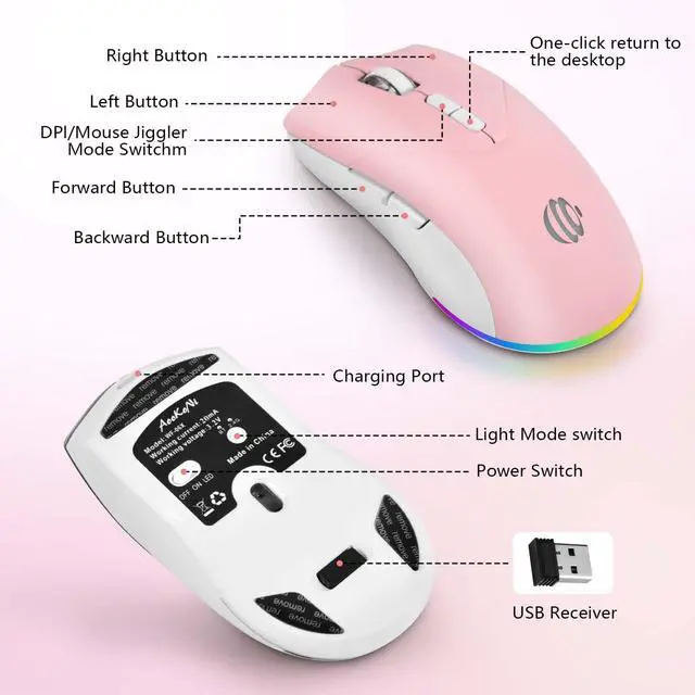 Alt view image 2 of 7 - AooKoNi Wireless Bluetooth Mouse, Rechargeable USB Optical Mouse, 3 Adjustable DPI, LED Silent Dual Mode(Bluetooth 5.2 and 2.4G) Wireless Mouse for Mac, Laptop, PC, Android, Windows (Pink)