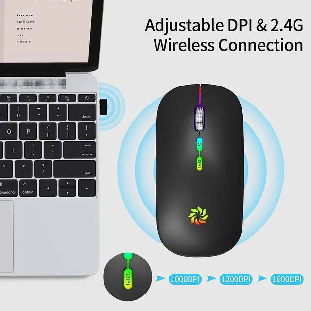 Alt view image 2 of 7 - KBCASE Wireless Mouse, LED Wireless Mouse for Laptop, Slim Silent Mouse 2.4G Rechargeable Wireless Computer Mouse for Laptop, MacBook, iPad, Chromebook, with USB & Type-c Receiver