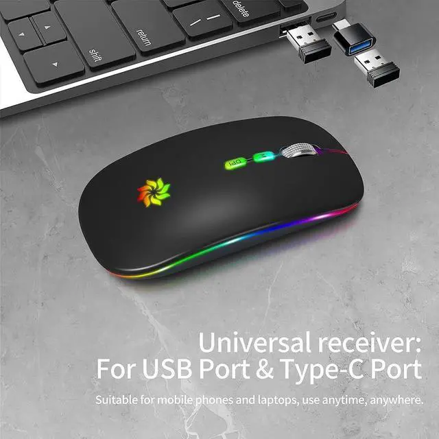Alt view image 6 of 7 - KBCASE Wireless Mouse, LED Wireless Mouse for Laptop, Slim Silent Mouse 2.4G Rechargeable Wireless Computer Mouse for Laptop, MacBook, iPad, Chromebook, with USB & Type-c Receiver