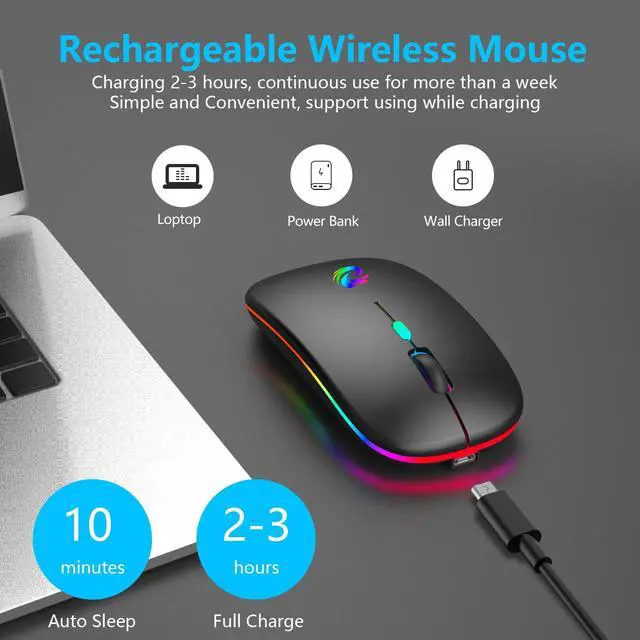 Alt view image 3 of 7 - aMZCaSE LED Wireless Mouse, Rechargeable Slim Silent Mice 2.4G Portable Office Optical Mouse with USB Receiver and Type-C Adapter, 3 Adjustable DPI for Laptop, Computer, PC, Notebook, Desktop (Black)
