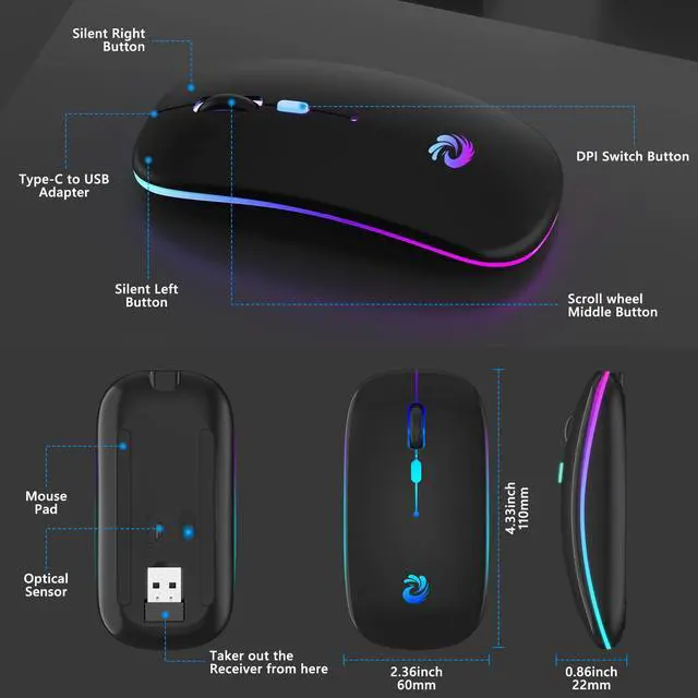 Alt view image 4 of 7 - aMZCaSE LED Wireless Mouse, Rechargeable Slim Silent Mice 2.4G Portable Office Optical Mouse with USB Receiver and Type-C Adapter, 3 Adjustable DPI for Laptop, Computer, PC, Notebook, Desktop (Black)