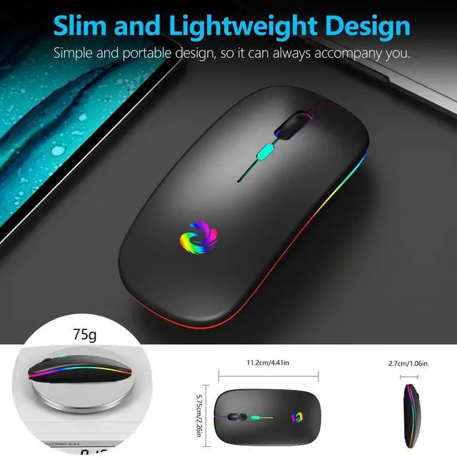 Alt view image 7 of 7 - aMZCaSE LED Wireless Mouse, Rechargeable Slim Silent Mice 2.4G Portable Office Optical Mouse with USB Receiver and Type-C Adapter, 3 Adjustable DPI for Laptop, Computer, PC, Notebook, Desktop (Black)