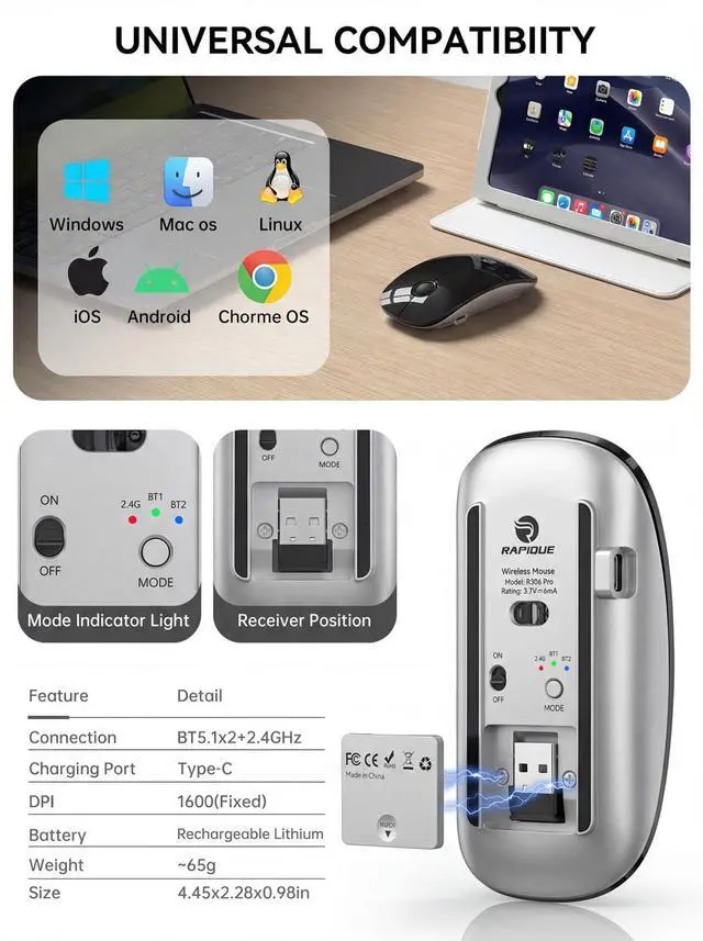 Alt view image 7 of 7 - RAPIQUE Bluetooth Wireless Mouse, Dual Bluetooth & 2.4G, Type-C Rechargeable, Silent Click, Slim Symmetrical Design, Portable for Laptop/iPad/MacBook/Desktop/Windows/macOS Black