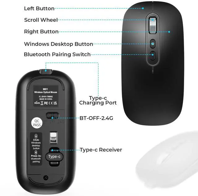 Alt view image 7 of 7 - RaceGT USB C Wireless Mouse, Rechargeable Dual-Mode Mouse(Type-c and Bluetooth), Silent Bluetooth Mice for MacBook Air/Pro, Slim Portable Travel Mice for iPad Mac Laptop PC Computer