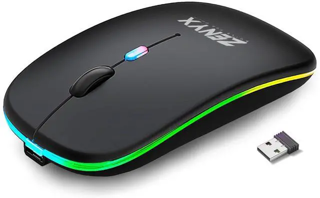 Main image of Zenyx Wireless Rechargeable Mouse, Dual Mode with USB Receiver & Bluetooth 5.1, 2.4GHz, Slim Portable Mouse with LED Lights, Silent, Compatible for Laptop Windows MAC Android PC & Computer, Black