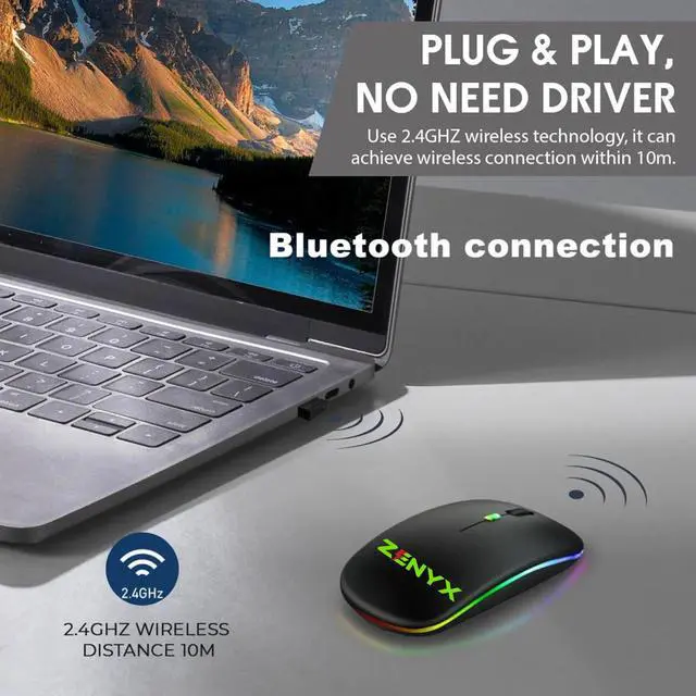 Alt view image 4 of 7 - Zenyx Wireless Rechargeable Mouse, Dual Mode with USB Receiver & Bluetooth 5.1, 2.4GHz, Slim Portable Mouse with LED Lights, Silent, Compatible for Laptop Windows MAC Android PC & Computer, Black
