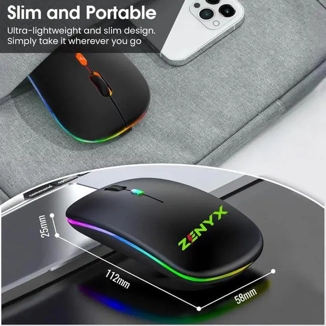 Alt view image 2 of 7 - Zenyx Wireless Rechargeable Mouse, Dual Mode with USB Receiver & Bluetooth 5.1, 2.4GHz, Slim Portable Mouse with LED Lights, Silent, Compatible for Laptop Windows MAC Android PC & Computer, Black