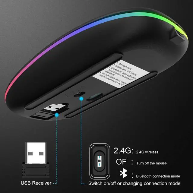 Alt view image 5 of 7 - Zenyx Wireless Rechargeable Mouse, Dual Mode with USB Receiver & Bluetooth 5.1, 2.4GHz, Slim Portable Mouse with LED Lights, Silent, Compatible for Laptop Windows MAC Android PC & Computer, Black