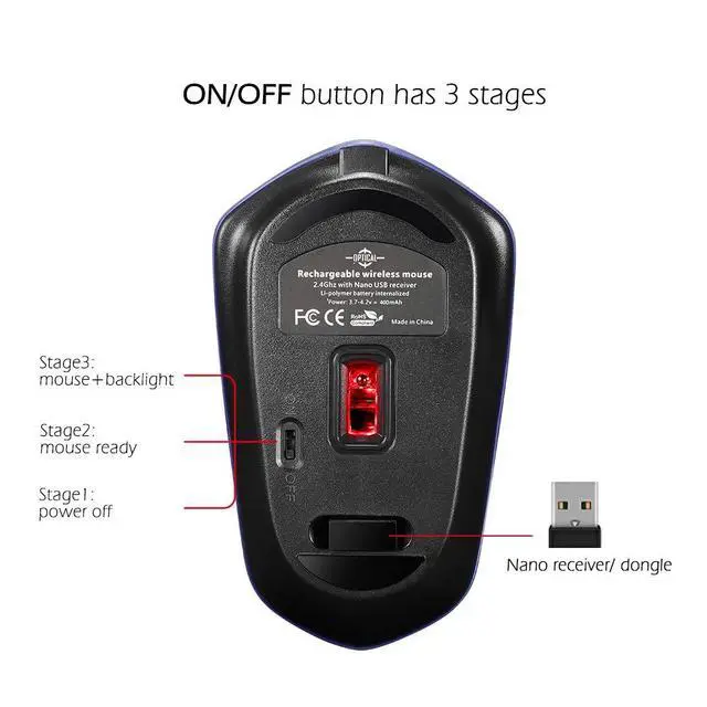 Alt view image 7 of 7 - Rechargeable Wireless Mouse, Illuminating Backlit Powered by Li-Polymer Battery, Optical Sensor, Nano USB Receiver,3 Stages DPI Speed, 4 Buttons for PC, Laptop, Tablet, MacBook etc. (Net illuminating)