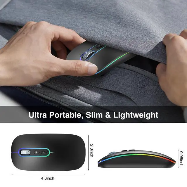 Alt view image 3 of 6 - Wireless Mouse, Rechargeable Dual-Mode LED Mouse for Laptop with USB Receiver, Slim Travel Mice for MacBook Air/Pro Laptop iPad Computer Tablet