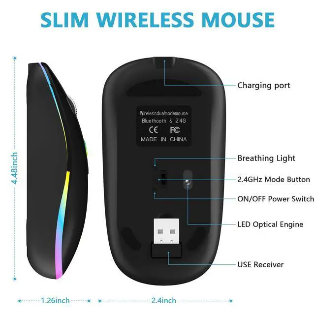 Alt view image 7 of 7 - HZD LED Wireless Mouse, Slim Silent Rechargeable Mouse for Laptop, 2.4G Portable USB Optical Mouse with Type C Adapter, 3 Adjustable DPI Levels 1600/1200/800 for Tablet/Computer Black