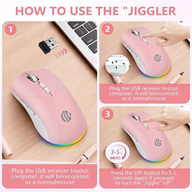 Alt view image 2 of 7 - mobiproduct Wireless Bluetooth Mouse, Rechargeable USB Optical Mouse, 3 Adjustable DPI, LED Silent Dual Mode(Bluetooth 5.2 and 2.4G) Wireless Mouse for Laptop, PC, MacipadWide Compatibility.(Pink)