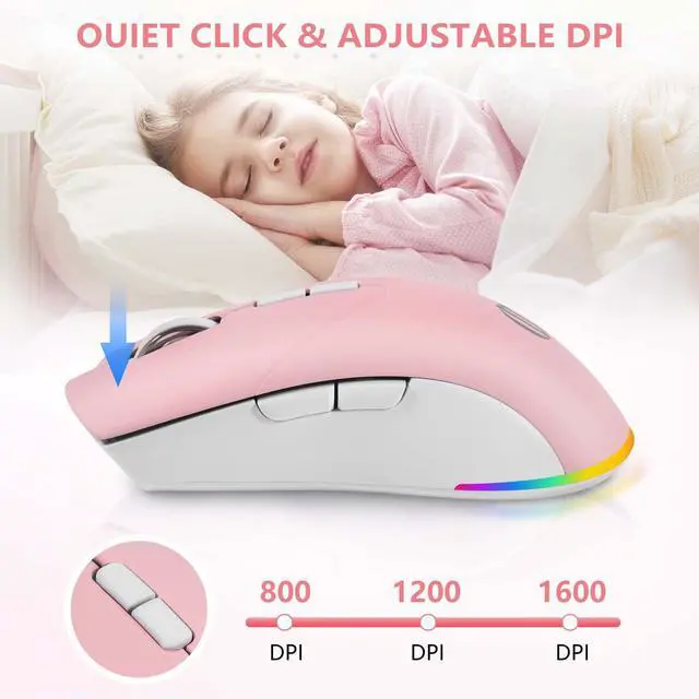 Alt view image 4 of 7 - AooKoNi Wireless Bluetooth Mouse, Rechargeable USB Optical Mouse, 3 Adjustable DPI, LED Silent Dual Mode(Bluetooth 5.2 and 2.4G) Wireless Mouse for Mac, Laptop, PC, Android, Windows (Pink)