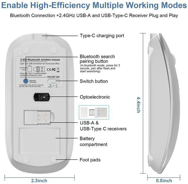 Alt view image 4 of 6 - Kovess Mouse for Laptop Wireless Bluetooth - MacBook Air Mac Pro PC iPad Optical Rechargeable Silent Mouse with Jiggler Dual Mode Switch Bluetooth 5.2/3.0 and 2.4GHz USB-A and Type-C Receiver Black