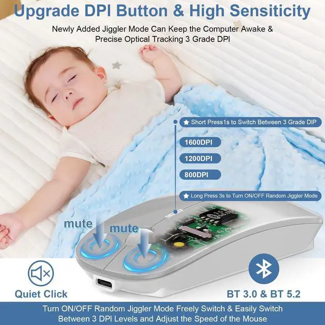 Alt view image 5 of 6 - Kovess Mouse for Laptop Wireless Bluetooth - MacBook Air Mac Pro PC iPad Optical Rechargeable Silent Mouse with Jiggler Dual Mode Switch Bluetooth 5.2/3.0 and 2.4GHz USB-A and Type-C Receiver Black