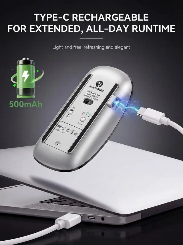 Alt view image 4 of 7 - RAPIQUE Bluetooth Wireless Mouse, Dual Bluetooth & 2.4G, Type-C Rechargeable, Silent Click, Slim Symmetrical Design, Portable for Laptop/iPad/MacBook/Desktop/Windows/macOS Black