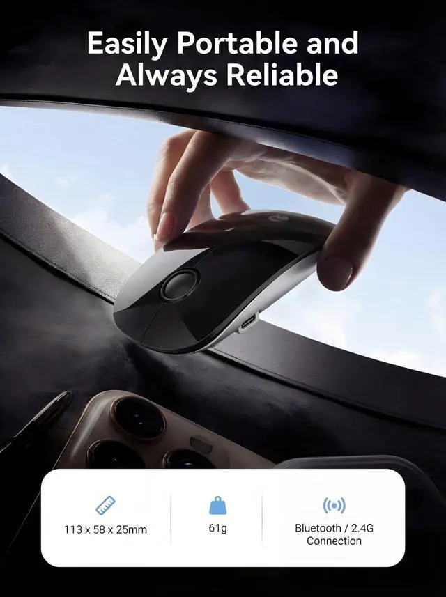 Alt view image 6 of 7 - RAPIQUE Bluetooth Wireless Mouse, Dual Bluetooth & 2.4G, Type-C Rechargeable, Silent Click, Slim Symmetrical Design, Portable for Laptop/iPad/MacBook/Desktop/Windows/macOS Black