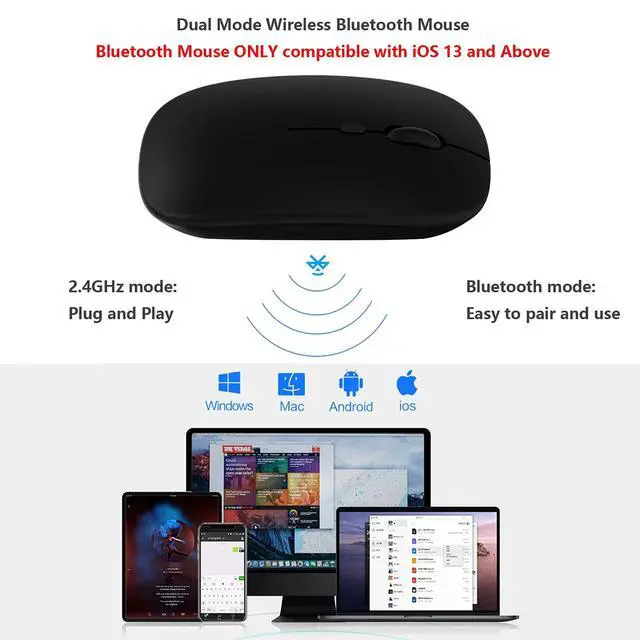 Alt view image 2 of 7 - Wireless Bluetooth Mouse for Apple iPad iPhone MacBook Android Samsung Tablet Phone Dual-Mode Rechargeable 2.4G Portable Computer Mice for Windows Laptop Notebook PC Mac Desktop USB Receiver (Black)