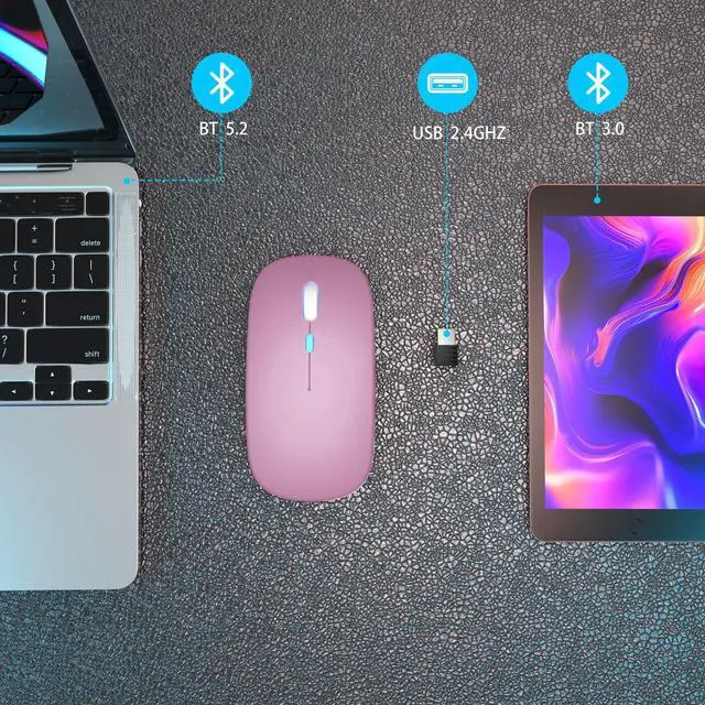 Alt view image 4 of 7 - AIKOKOK Wireless Bluetooth Mouse Rechargeable Laptop Mice with LED Use Portable(BT5.2 and USB 2.4G) Dual Mode Connection Silent Slim Computer Mouse for Laptop/iPad Tablet/Apple MacBook/PC (Rose Gold)