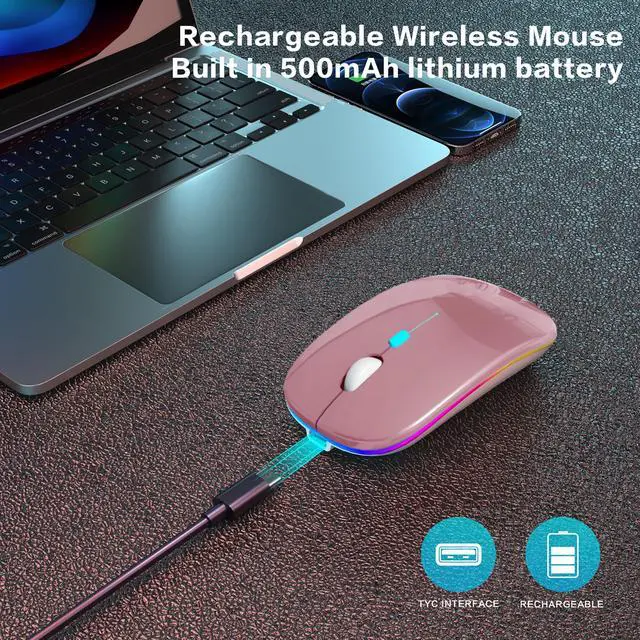 Alt view image 3 of 7 - AIKOKOK Wireless Bluetooth Mouse Rechargeable Laptop Mice with LED Use Portable(BT5.2 and USB 2.4G) Dual Mode Connection Silent Slim Computer Mouse for Laptop/iPad Tablet/Apple MacBook/PC (Rose Gold)