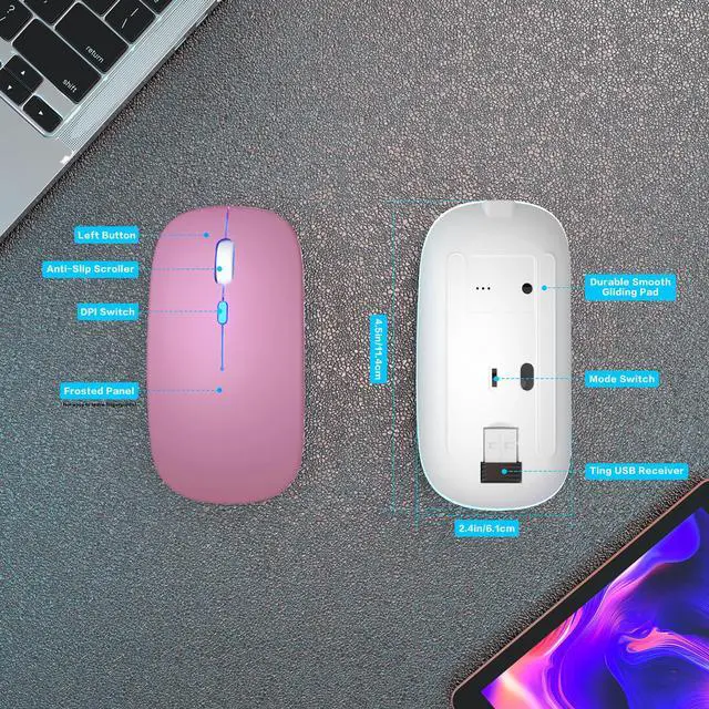 Alt view image 6 of 7 - AIKOKOK Wireless Bluetooth Mouse Rechargeable Laptop Mice with LED Use Portable(BT5.2 and USB 2.4G) Dual Mode Connection Silent Slim Computer Mouse for Laptop/iPad Tablet/Apple MacBook/PC (Rose Gold)