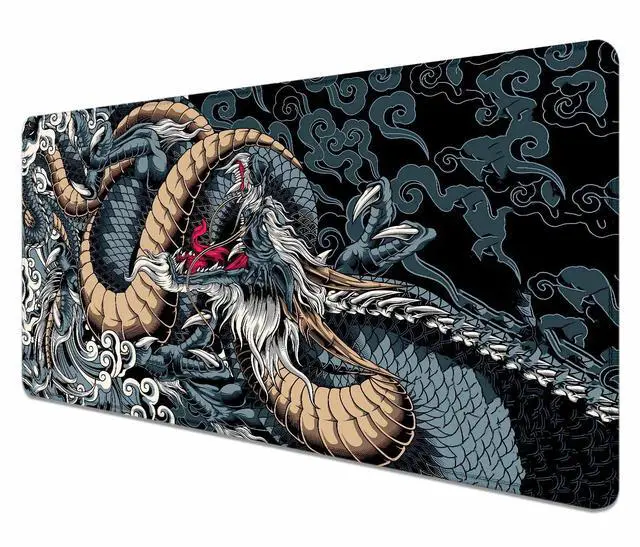 Main image of Extended Large Gaming Mouse Pad with Stitched Edges, Japanese Black Dragon Desk Mat for Computer, Non-Slip Big Mouse Pad with Keyboard Pad for Work, Gamer, Office, Home - 35.4 x 15.7 in