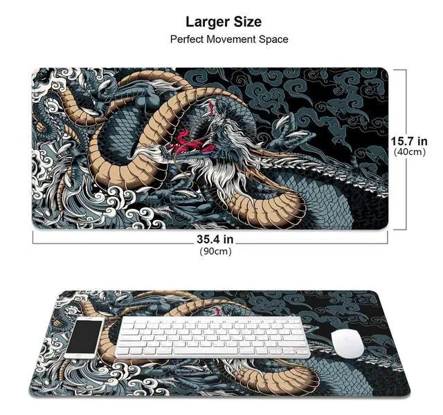 Alt view image 2 of 6 - Extended Large Gaming Mouse Pad with Stitched Edges, Japanese Black Dragon Desk Mat for Computer, Non-Slip Big Mouse Pad with Keyboard Pad for Work, Gamer, Office, Home - 35.4 x 15.7 in