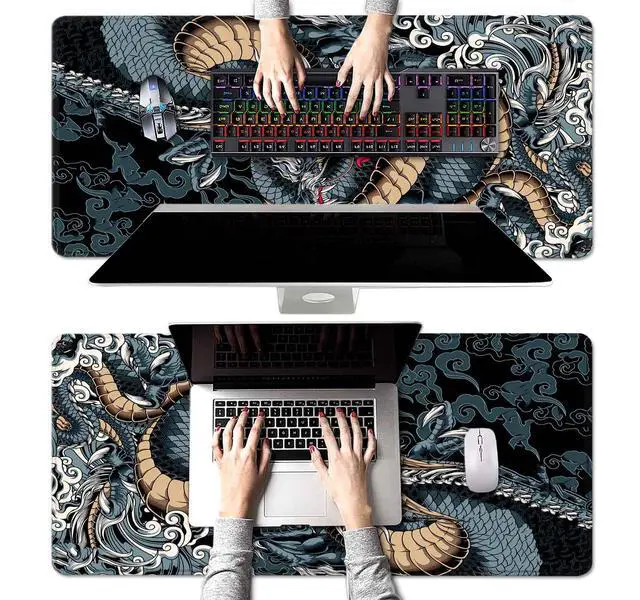 Alt view image 4 of 6 - Extended Large Gaming Mouse Pad with Stitched Edges, Japanese Black Dragon Desk Mat for Computer, Non-Slip Big Mouse Pad with Keyboard Pad for Work, Gamer, Office, Home - 35.4 x 15.7 in