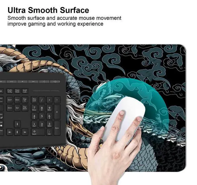 Alt view image 5 of 6 - Extended Large Gaming Mouse Pad with Stitched Edges, Japanese Black Dragon Desk Mat for Computer, Non-Slip Big Mouse Pad with Keyboard Pad for Work, Gamer, Office, Home - 35.4 x 15.7 in
