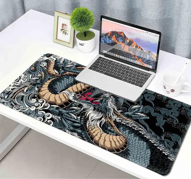 Alt view image 6 of 6 - Extended Large Gaming Mouse Pad with Stitched Edges, Japanese Black Dragon Desk Mat for Computer, Non-Slip Big Mouse Pad with Keyboard Pad for Work, Gamer, Office, Home - 35.4 x 15.7 in