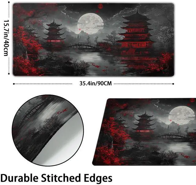 Alt view image 2 of 7 - Japanese Mouse Pad XXL 35.4 X 15.7 Inch Black Red Design Style Extended Large Gaming Mousepad Keyboard Full Desk Mat Non-Slip Rubber Base Stitched Edges for Home Office