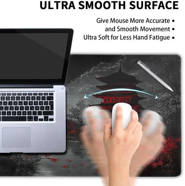 Alt view image 5 of 7 - Japanese Mouse Pad XXL 35.4 X 15.7 Inch Black Red Design Style Extended Large Gaming Mousepad Keyboard Full Desk Mat Non-Slip Rubber Base Stitched Edges for Home Office