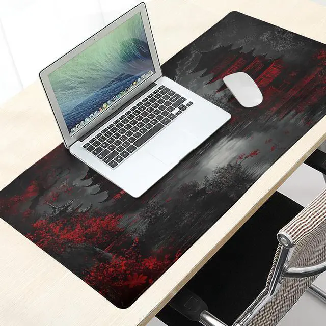 Alt view image 7 of 7 - Japanese Mouse Pad XXL 35.4 X 15.7 Inch Black Red Design Style Extended Large Gaming Mousepad Keyboard Full Desk Mat Non-Slip Rubber Base Stitched Edges for Home Office