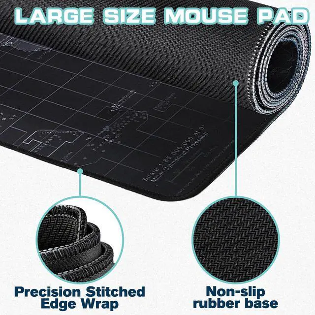 Alt view image 2 of 7 - Mouse Pad Gaming - Desk Mat for Keyboard and Mouse - Black World Map Large Mouse Pads for Desk, Gaming Mousepad with Non-Slip Base, Desks Pad (31.5" X 11.8") for Game, Office and Home