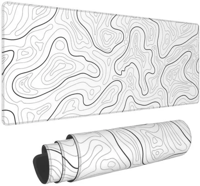 Main image of Abstract Topographic Map White Grey Black Gaming Mouse Pad Long Mouse Pad Large Desk Mat 31.5 X 11.8 Inch Mousepad with Non-Slip Base Stitched Edge Keyboard Mat for Gaming Office
