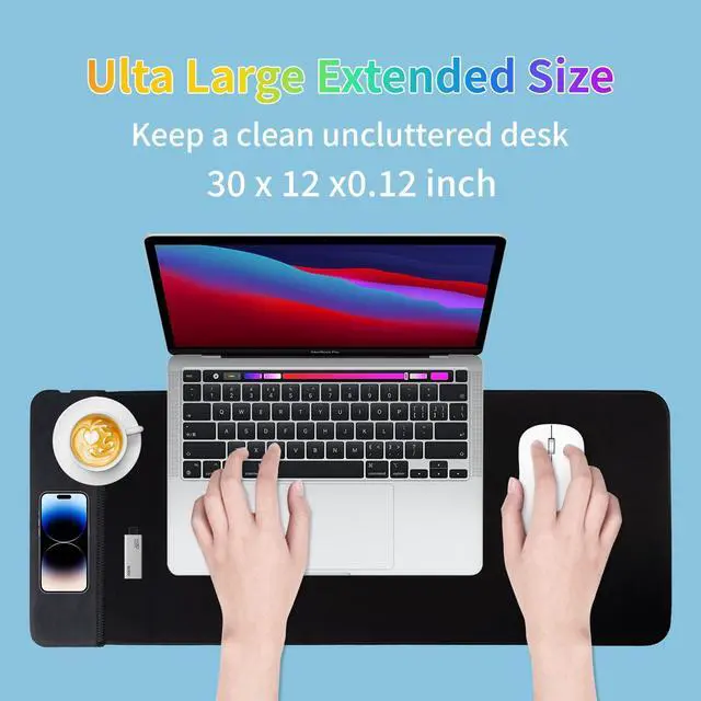Alt view image 2 of 7 - Tongyanat 15W Large Gaming Mouse Pad with Superior Micro-Weave Cloth, Extended Desk Mousepad with Stitched Edges, Non-Slip Base, Water Resist Keyboard Pad for Gamer, Office & Home, 30 x 12 in, Black