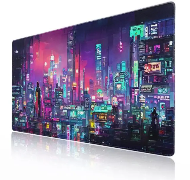 Main image of Retro Japanese Anime Gaming Mouse Pad XXL Cool Dark Purple Red Vaporwave City Extended Large Desk Mat Big Mousepad Non-Slip Rubber Base Stitched Edge Long for Computer, 35.4x15.7 in