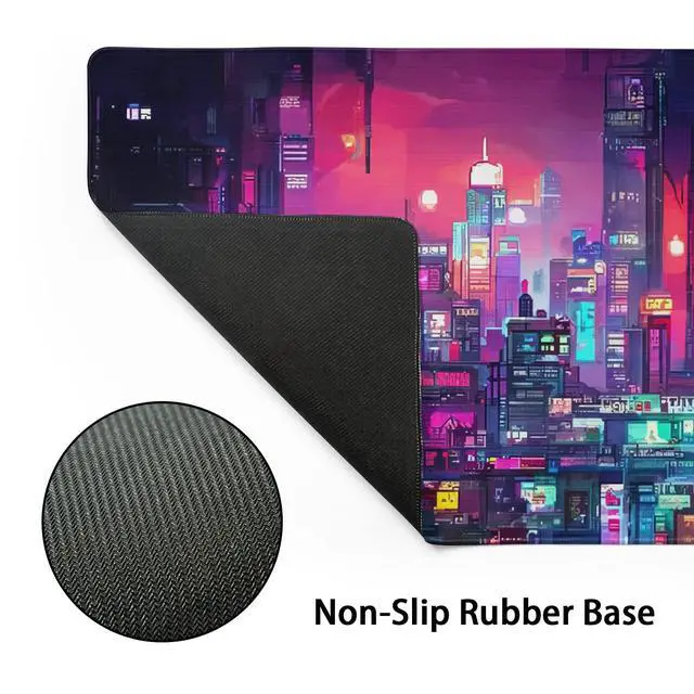 Alt view image 3 of 7 - Retro Japanese Anime Gaming Mouse Pad XXL Cool Dark Purple Red Vaporwave City Extended Large Desk Mat Big Mousepad Non-Slip Rubber Base Stitched Edge Long for Computer, 35.4x15.7 in