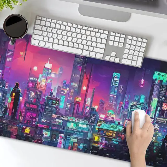 Alt view image 5 of 7 - Retro Japanese Anime Gaming Mouse Pad XXL Cool Dark Purple Red Vaporwave City Extended Large Desk Mat Big Mousepad Non-Slip Rubber Base Stitched Edge Long for Computer, 35.4x15.7 in