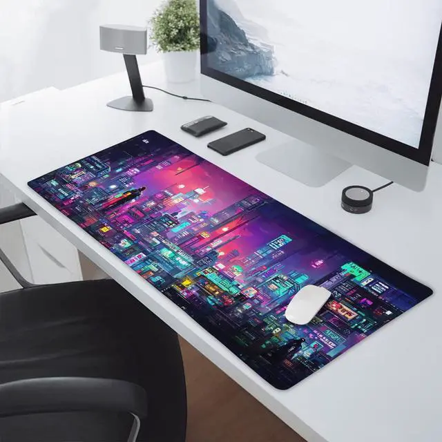 Alt view image 6 of 7 - Retro Japanese Anime Gaming Mouse Pad XXL Cool Dark Purple Red Vaporwave City Extended Large Desk Mat Big Mousepad Non-Slip Rubber Base Stitched Edge Long for Computer, 35.4x15.7 in
