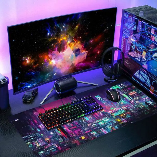 Alt view image 7 of 7 - Retro Japanese Anime Gaming Mouse Pad XXL Cool Dark Purple Red Vaporwave City Extended Large Desk Mat Big Mousepad Non-Slip Rubber Base Stitched Edge Long for Computer, 35.4x15.7 in
