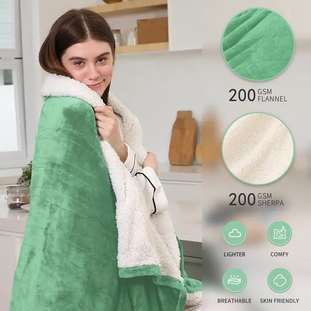 Alt view image 2 of 7 - CHIOKY Electric Blanket Throw, Fast Heating Blanket with Overheat Protection, Heated Sherpa Blanket with 5 Heating Levels & 4 Hours Auto Off for Couch Office Use, Ideal Gift, 50"x60", Aqua Green