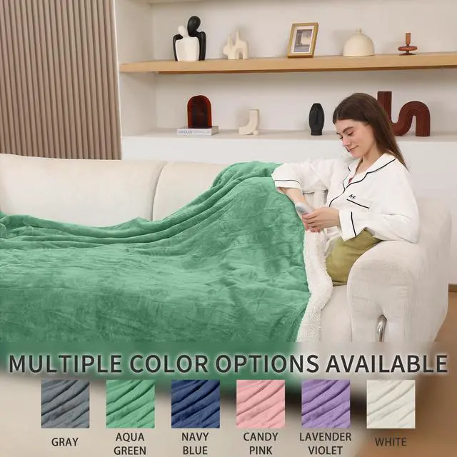 Alt view image 4 of 7 - CHIOKY Electric Blanket Throw, Fast Heating Blanket with Overheat Protection, Heated Sherpa Blanket with 5 Heating Levels & 4 Hours Auto Off for Couch Office Use, Ideal Gift, 50"x60", Aqua Green