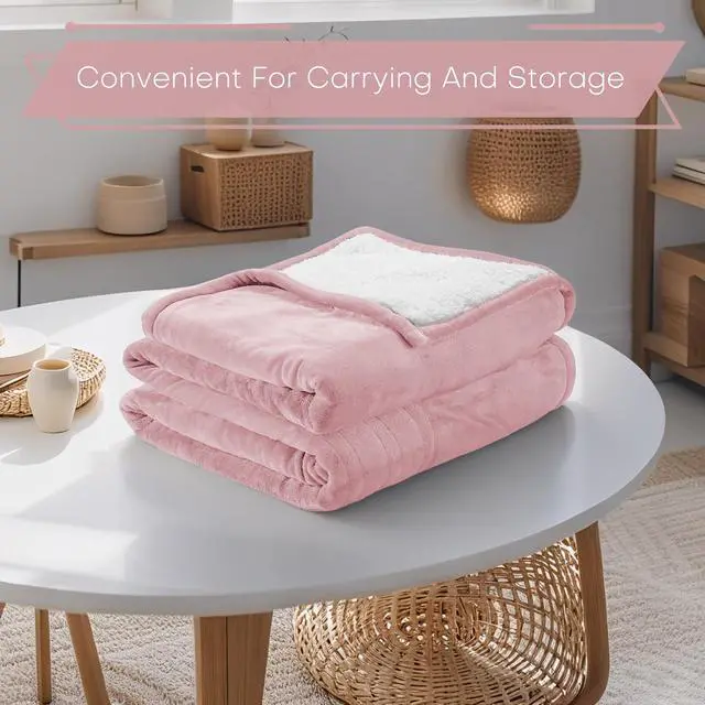 Alt view image 2 of 6 - Electric Heated Blanket Throw Size 50"x60" - Flannel & Sherpa Fabric Dual-Sided, 6 Heat Settings & 3 Hours Auto Off, Soft & Cozy Warming Throw for Home, Office, or Bed, Machine Washable, Light Pink