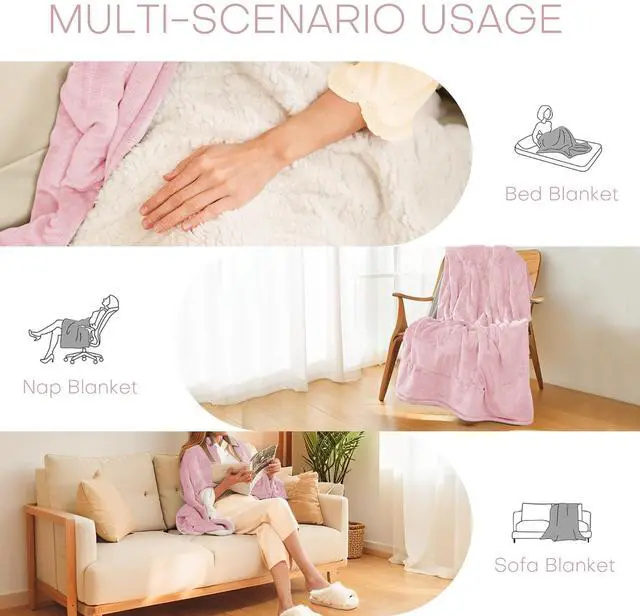 Alt view image 4 of 6 - Electric Heated Blanket Throw Size 50"x60" - Flannel & Sherpa Fabric Dual-Sided, 6 Heat Settings & 3 Hours Auto Off, Soft & Cozy Warming Throw for Home, Office, or Bed, Machine Washable, Light Pink
